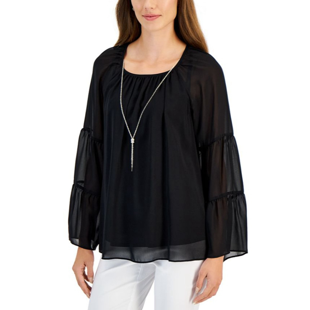 JM Collection Women's Extra Large Petite Black Tier-Sleeve Necklace Top NWT